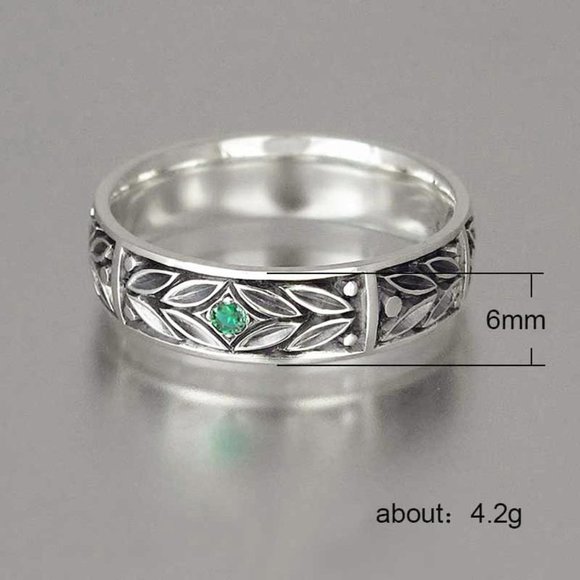Carved Ethnic Retro Leaf Tiny Green Zircon Ancient Silver Vintage Ring,… - Picture 6 of 6